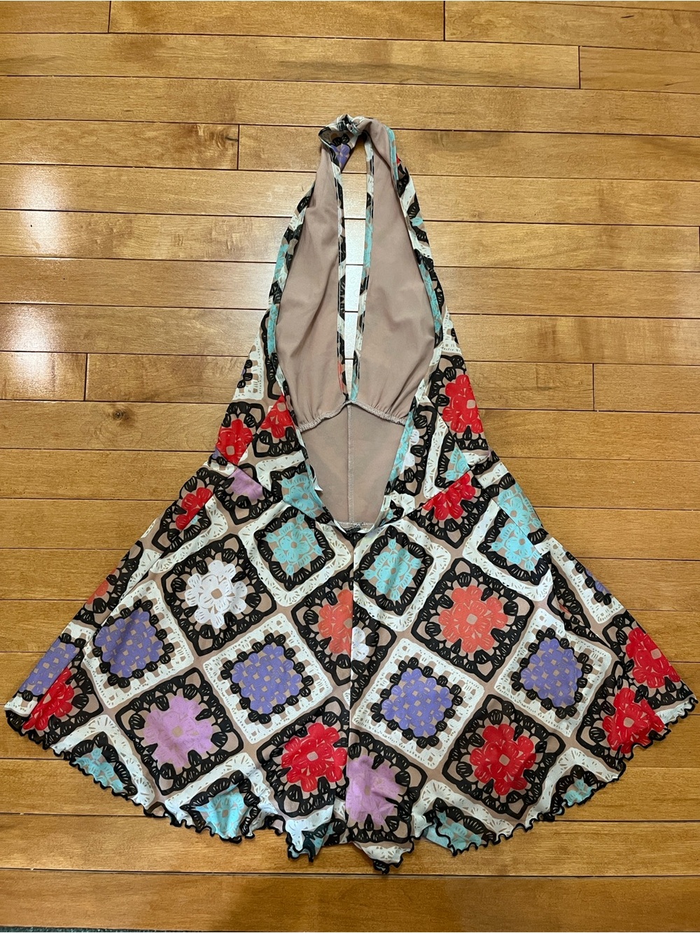 ASOS Design Halter Romper with Colorful Tile Crochet Print - Picture 6 of 9